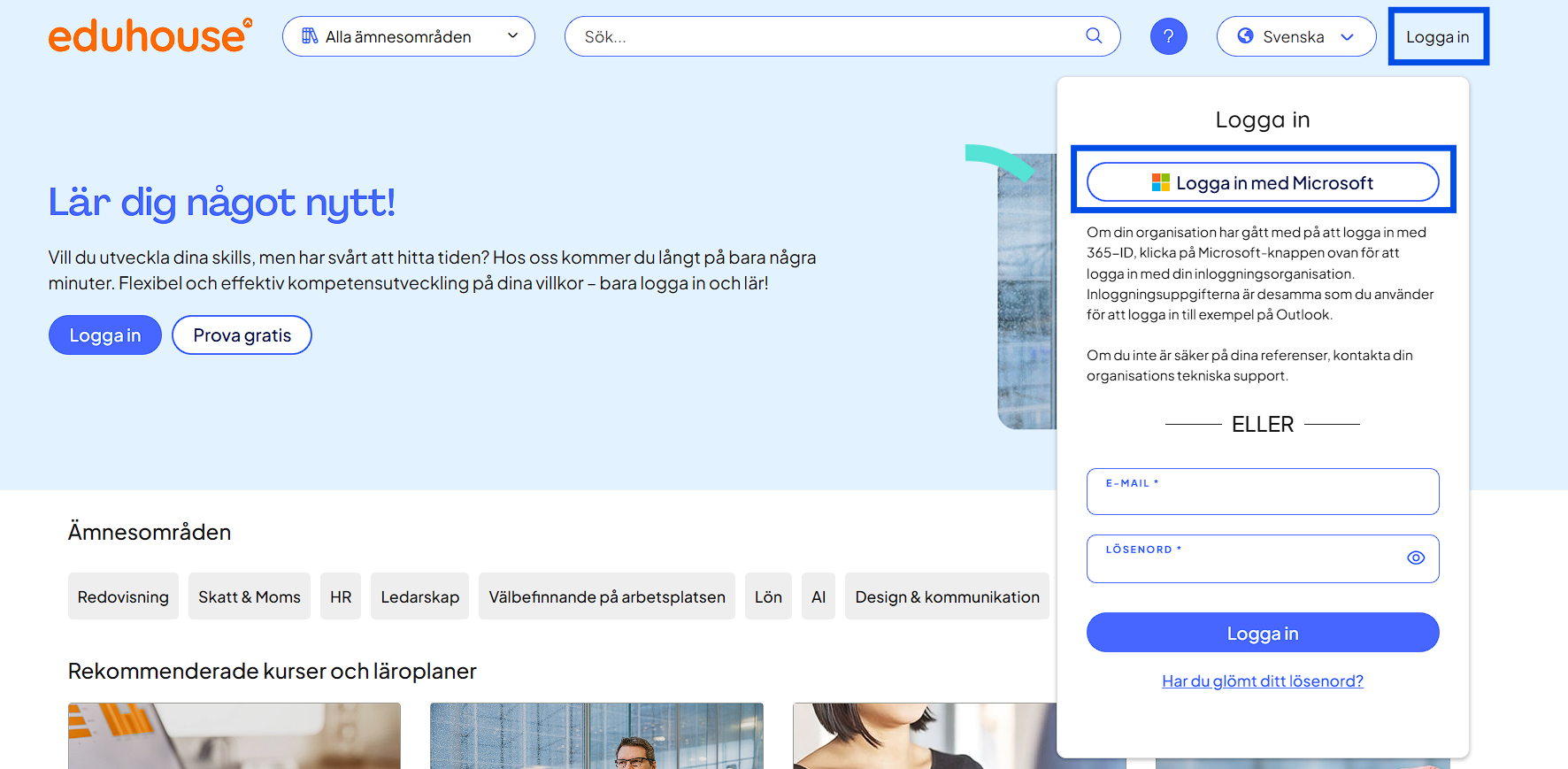 Hur loggar jag in på Eduhouse med SSO (Microsoft-legitimation)?